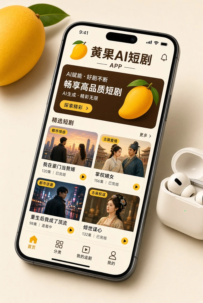 黄果AI短剧移动端界面示意